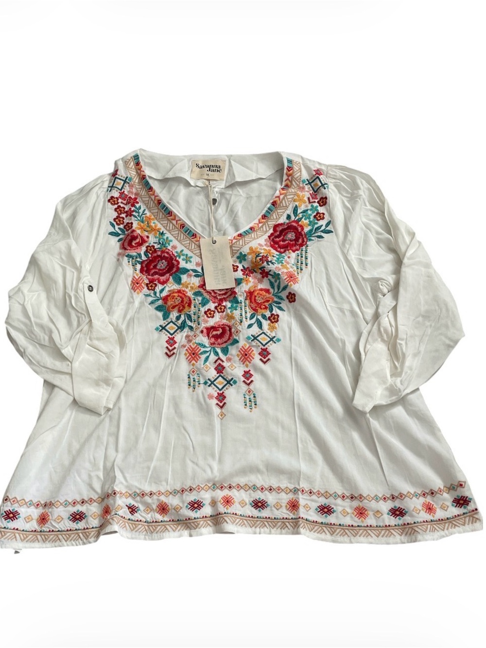 Savanna Jane White Tunic with Multicolor Floral Embroidery